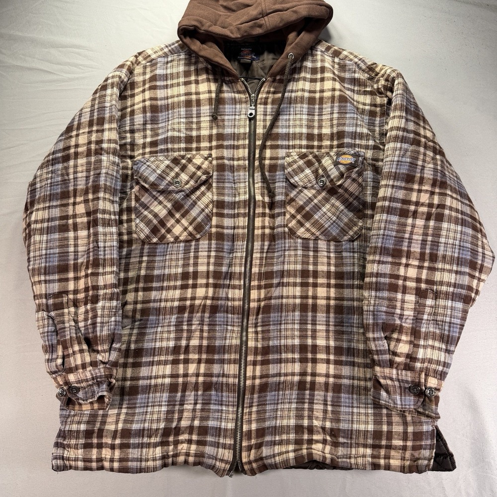 Dickies Plaid Flannel Shirt Jacket Mens Large Brown Quilted Lining Full Zip